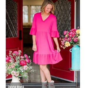 The Pioneer Woman Pink Eyelet Trim Tiered Knit Dress 3/4 Bell Sleeve 1X
